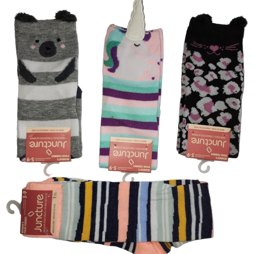 Fun Socks TeddybBear Unicorn Kitty Cat Stripes Size 5 - 9, 4 pair bundle
